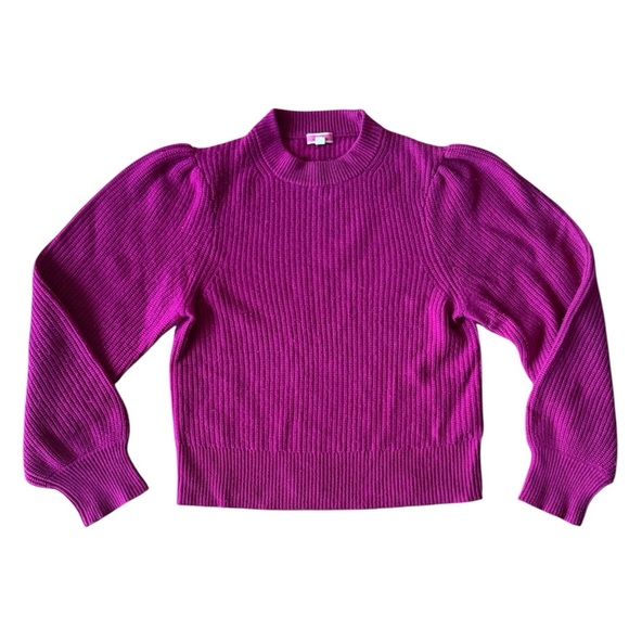 J Crew Cashmere Large Puff Sleeve Mockneck Sweater Ribbed Pink Purple Fuchsia - Picture 1 of 7